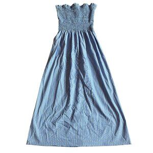 Loyd/Ford Blue White Stripe Midi Dress Strapless 100% Cotton Size Medium Women's